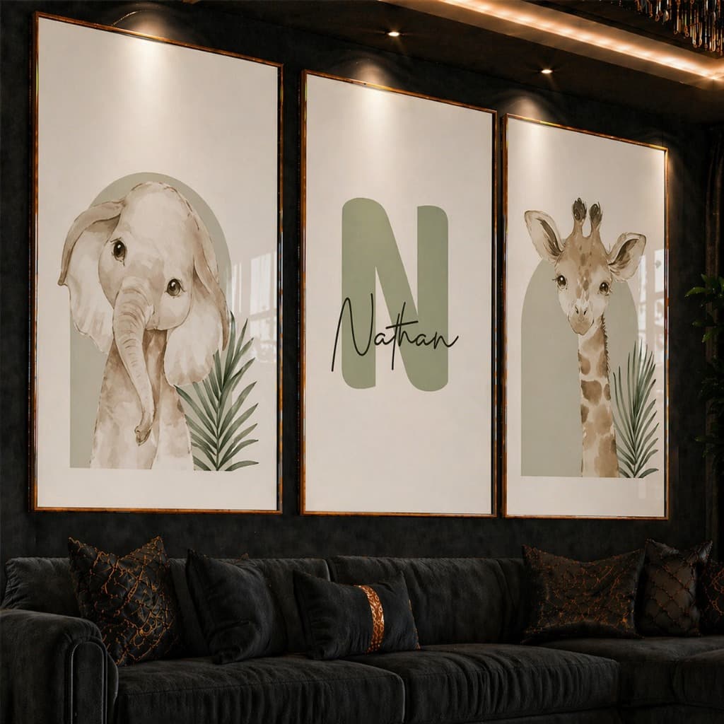 Quadro Decorativo Nome Personalizado Crianças para Decoração Baby, Impressões de Animais Safari