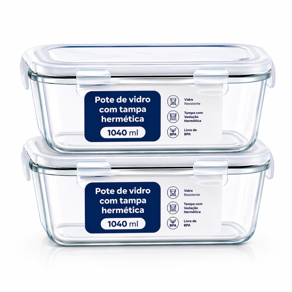 Kit 2 Potes Vidro Hermético 1040ml Tampa Vedação Marmita Refratária Forno Micro-ondas