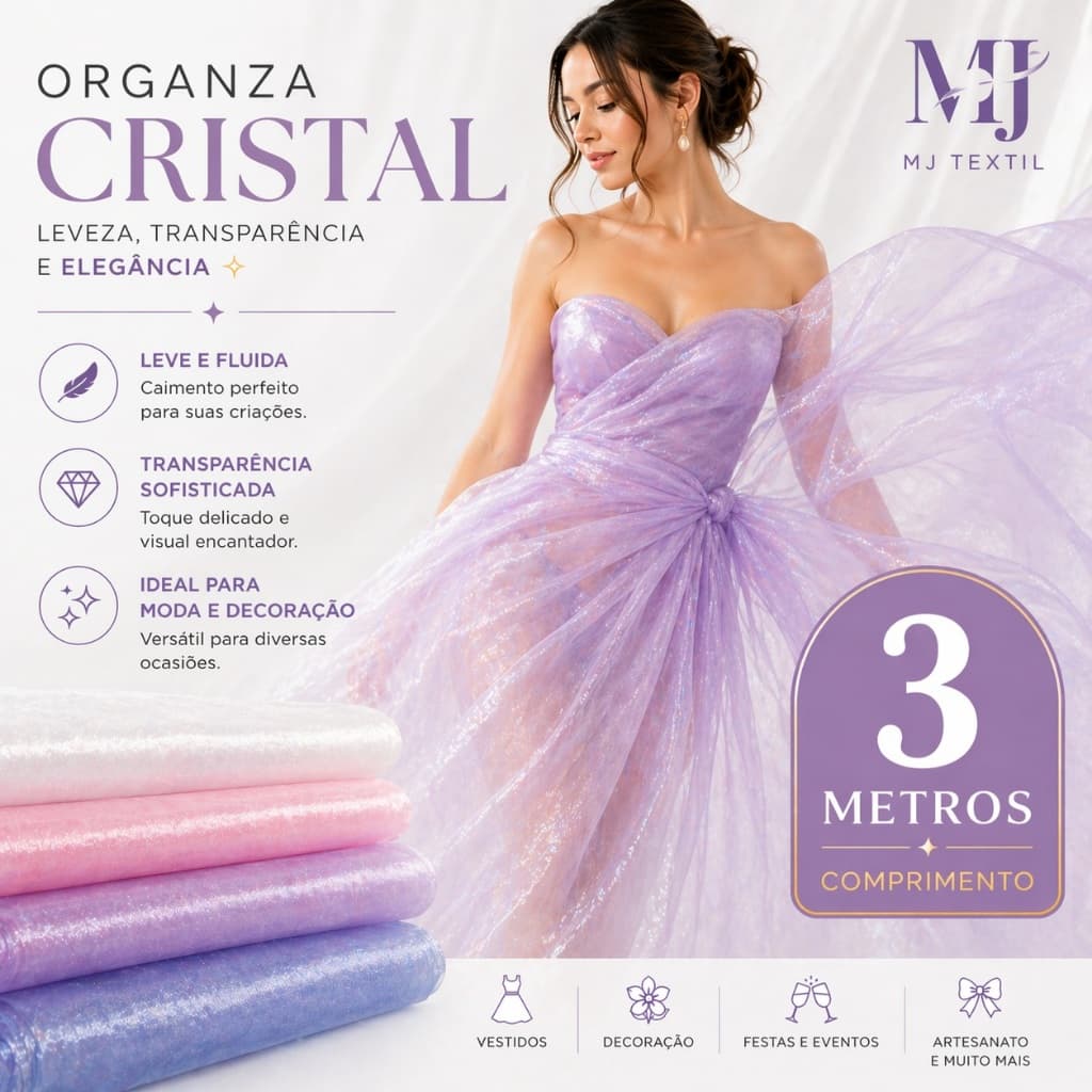 Tecido Organza Cristal 3 Metros ✨ Transparente para Vestidos, Decoração e Festa