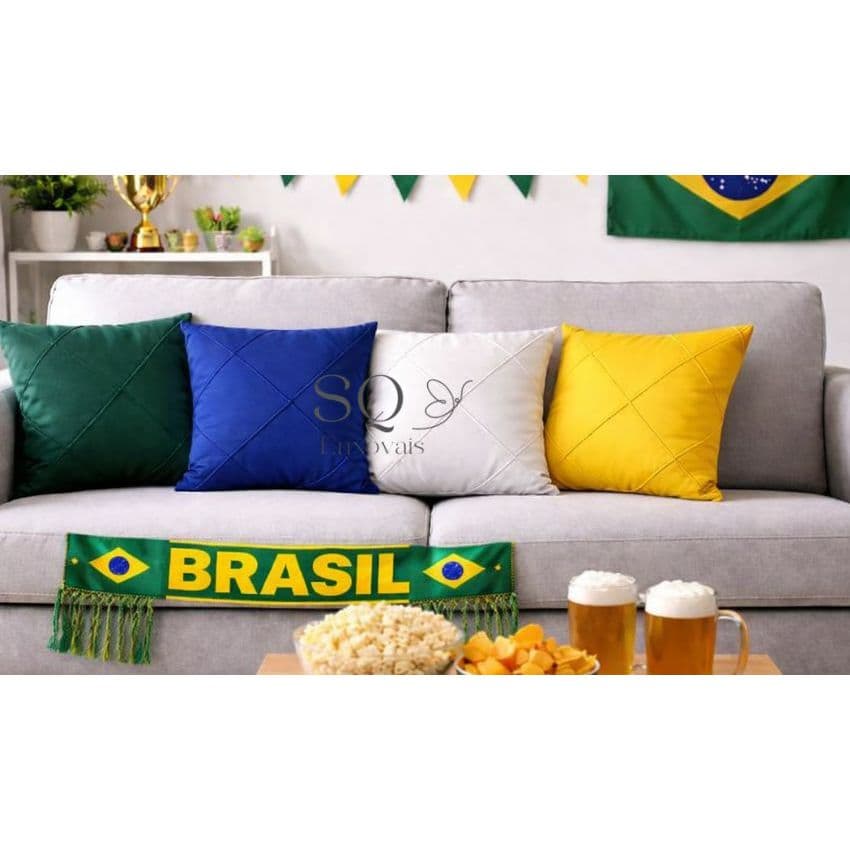 Kit 4 Capas Para Almofada Suede Drapeada Brasil Copa do Mundo