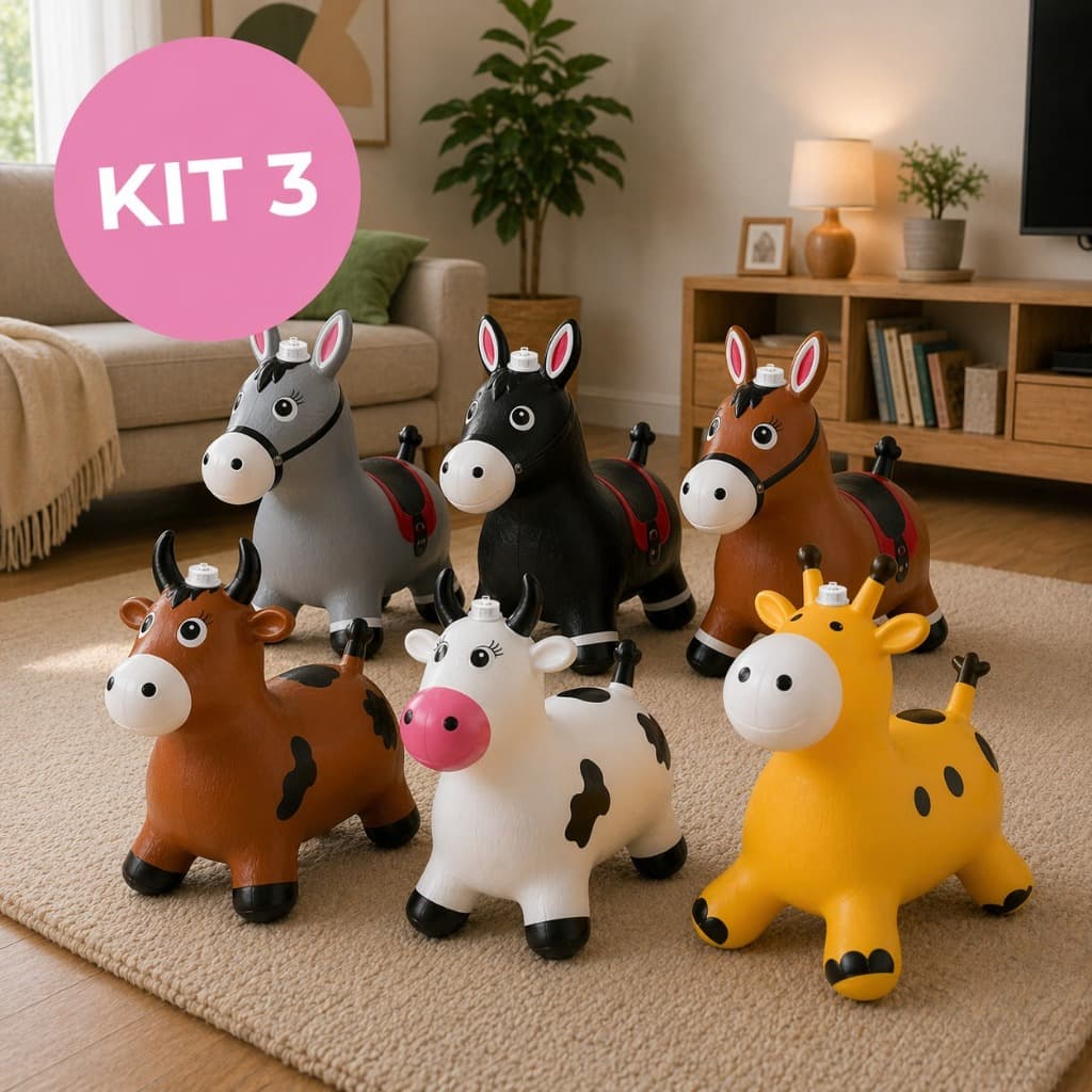 Kit 3 Cavalinhos Upa Upa Infantil Pocotó com Som e Luz / Pula Pula Inflável  Emborrachado Vaquinha, Girafa e Burrinho