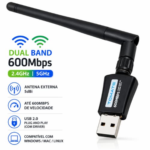 Adaptador WiFi USB 600Mbps Dual Band 2.4GHz 5GHz Receptor Wireless para PC Notebook USB 2.0