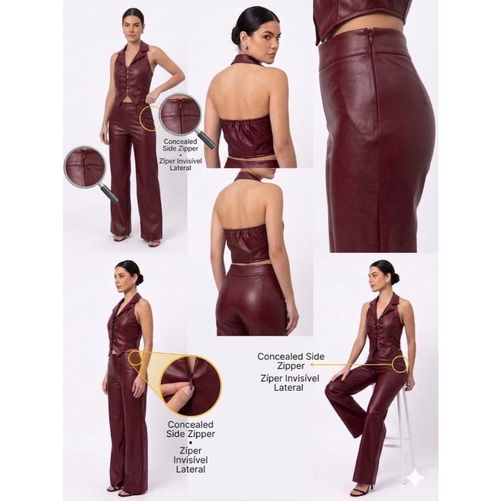 Conjunto Feminino Calça Com Ziper na Lateral y Colete com Ilhos Frontal de Couro