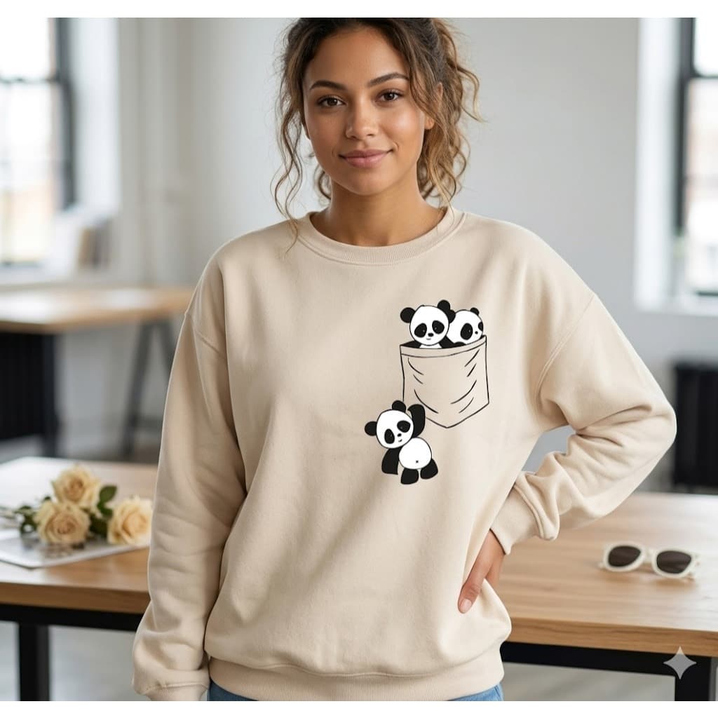 Moletom Estampado Gola Redonda Blusa de Frio Unissex Fofo Delicado Panda de Bolso Moda Inverno Casaco Feminino