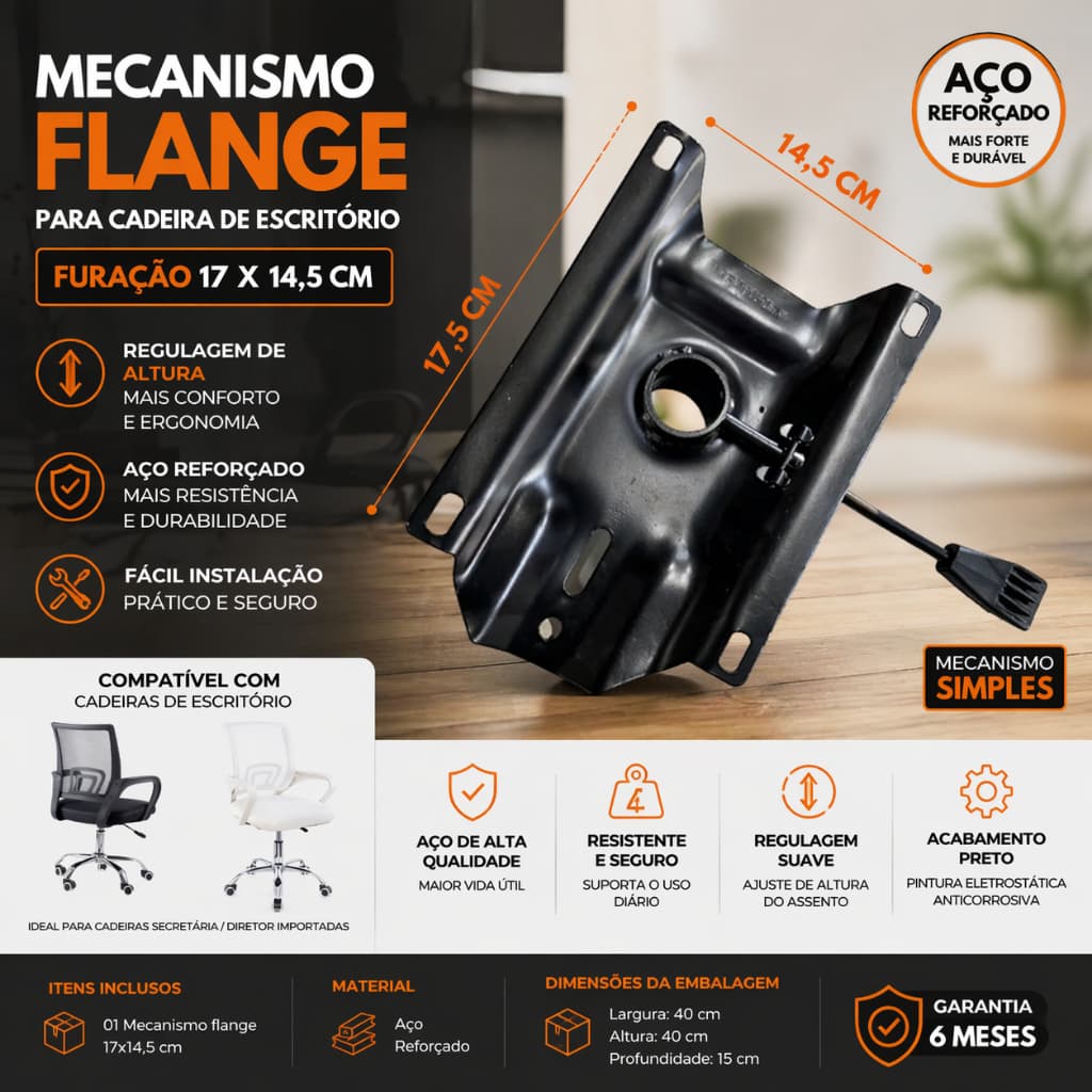 Mecanismo Flange para Cadeira de Escritório 17x14,5cm Reforçado em Aço com Regulagem de Altura