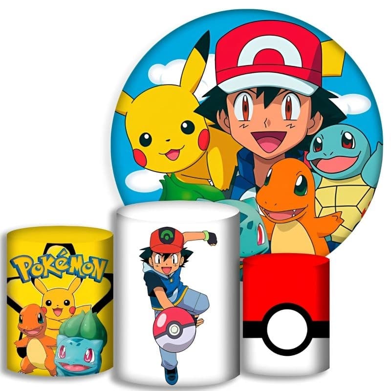 Capas Para Cilindros + Painel / painel redondo - Pokemon - Kit Decoração Festa / Pegue e Monte