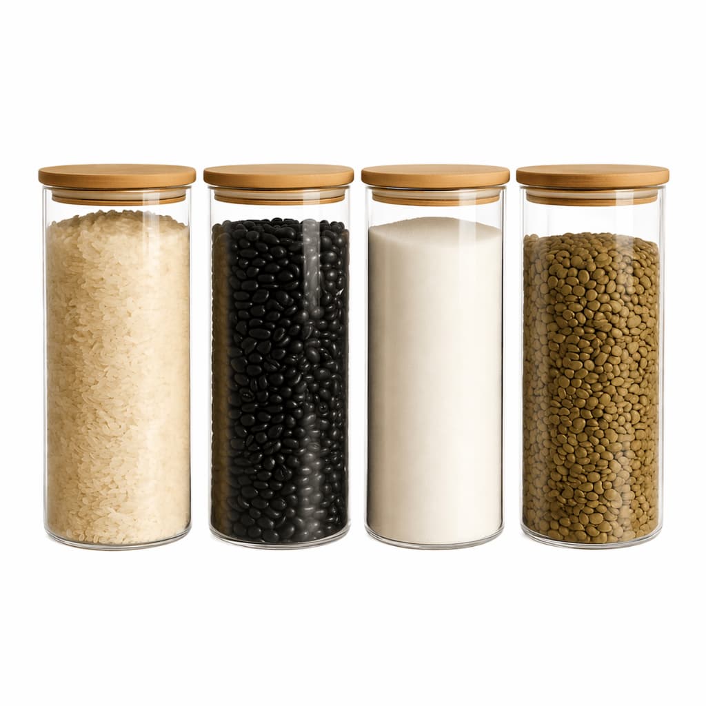 Kit Pote de Vidro Hermético 600ml com Tampa de Bambu Porta Mantimentos Cozinha Premium Café Açúcar Grãos Organizador