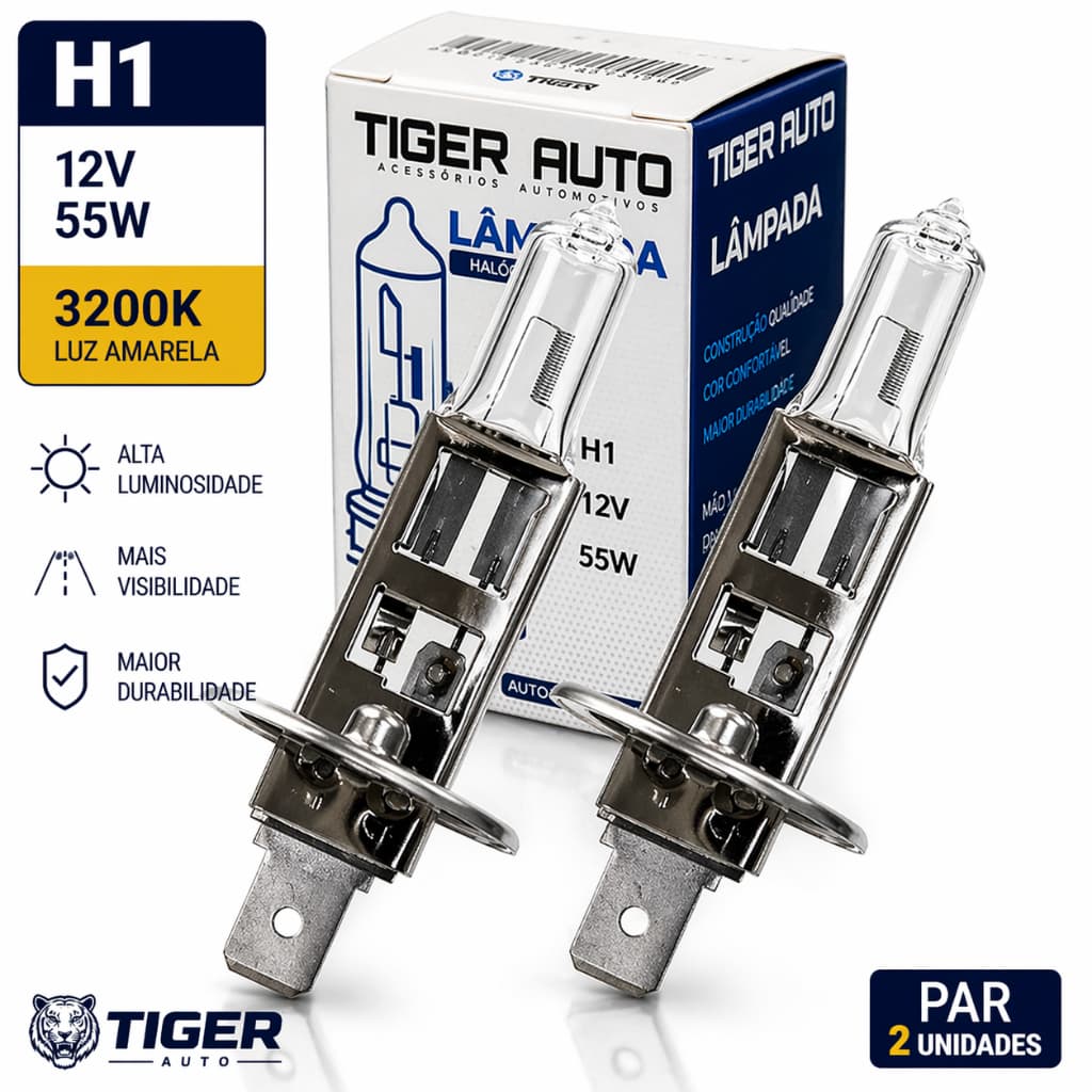Par de Lâmpadas H1  Halogenia 12V 55W 3200K para Farol de Milha – Alta Performance Tiger Auto