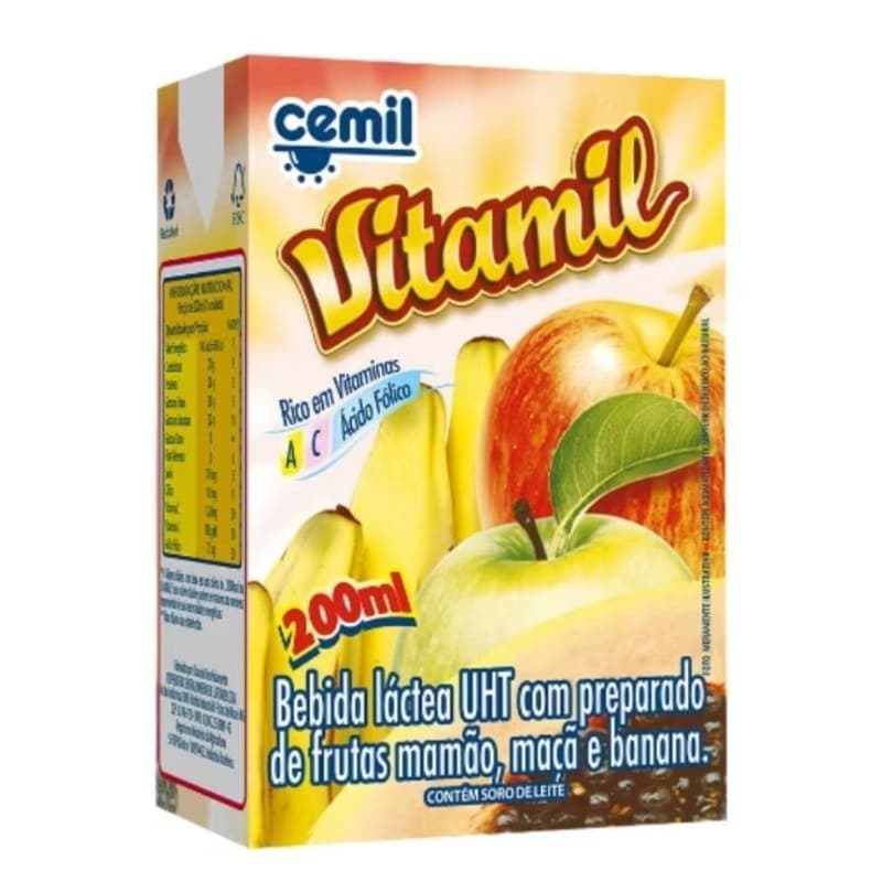 cx de bebida láctea Vitamil 200ml/27unidades,Cemil,todinho de frutas.