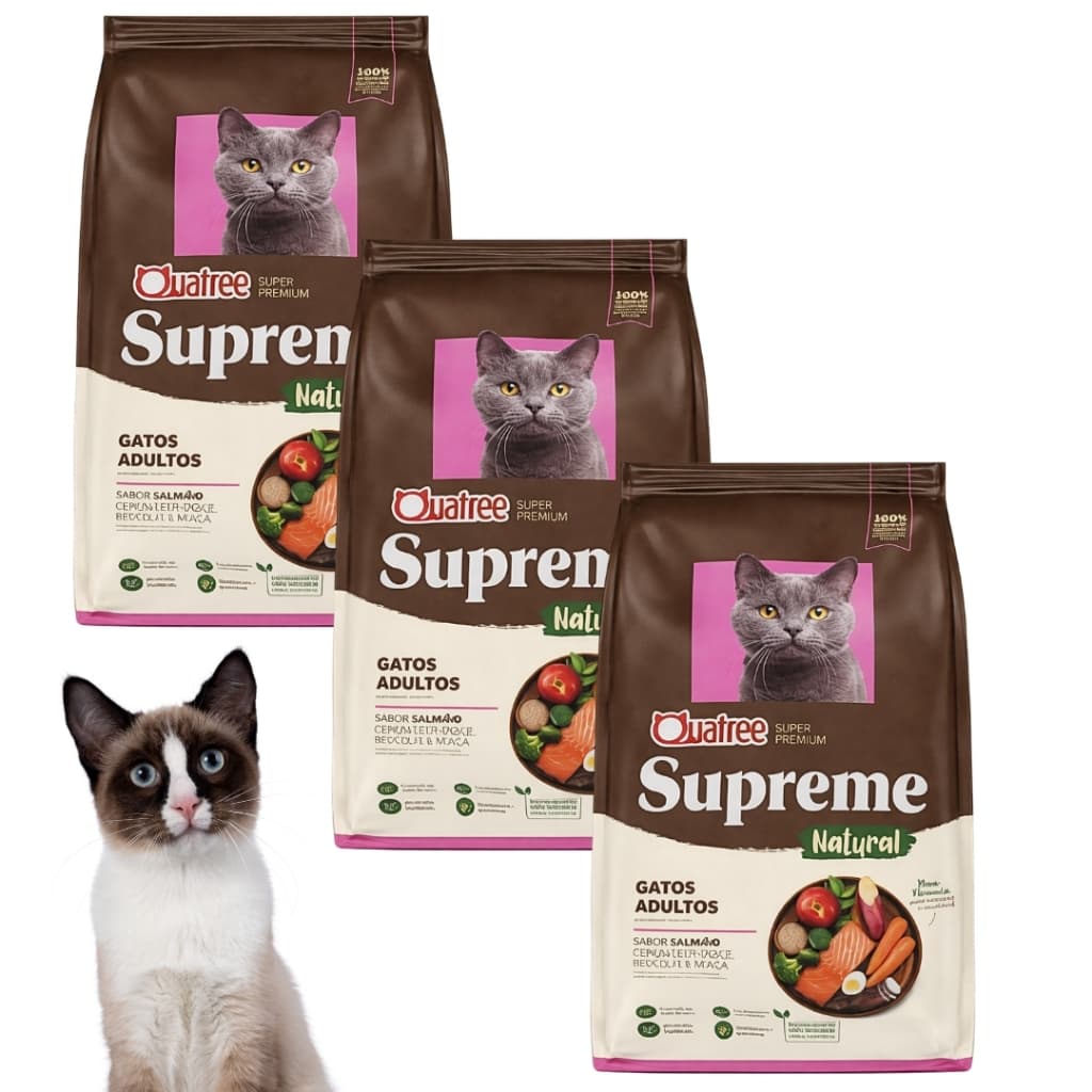 Kit Com 3 Ração Para Gatos Adultos Quatree Supreme Sabor Salmão e Batata Doce 1kg