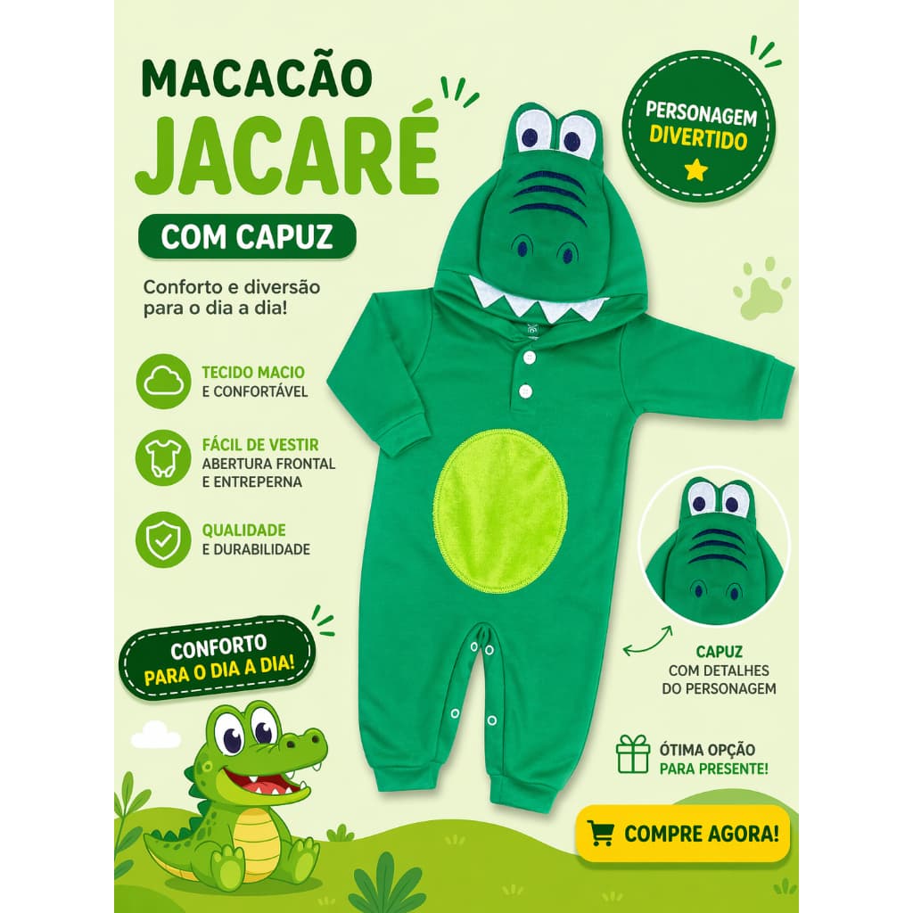 Roupa de Bebê Macacão Tematicos Personagens com Capuz JACARE