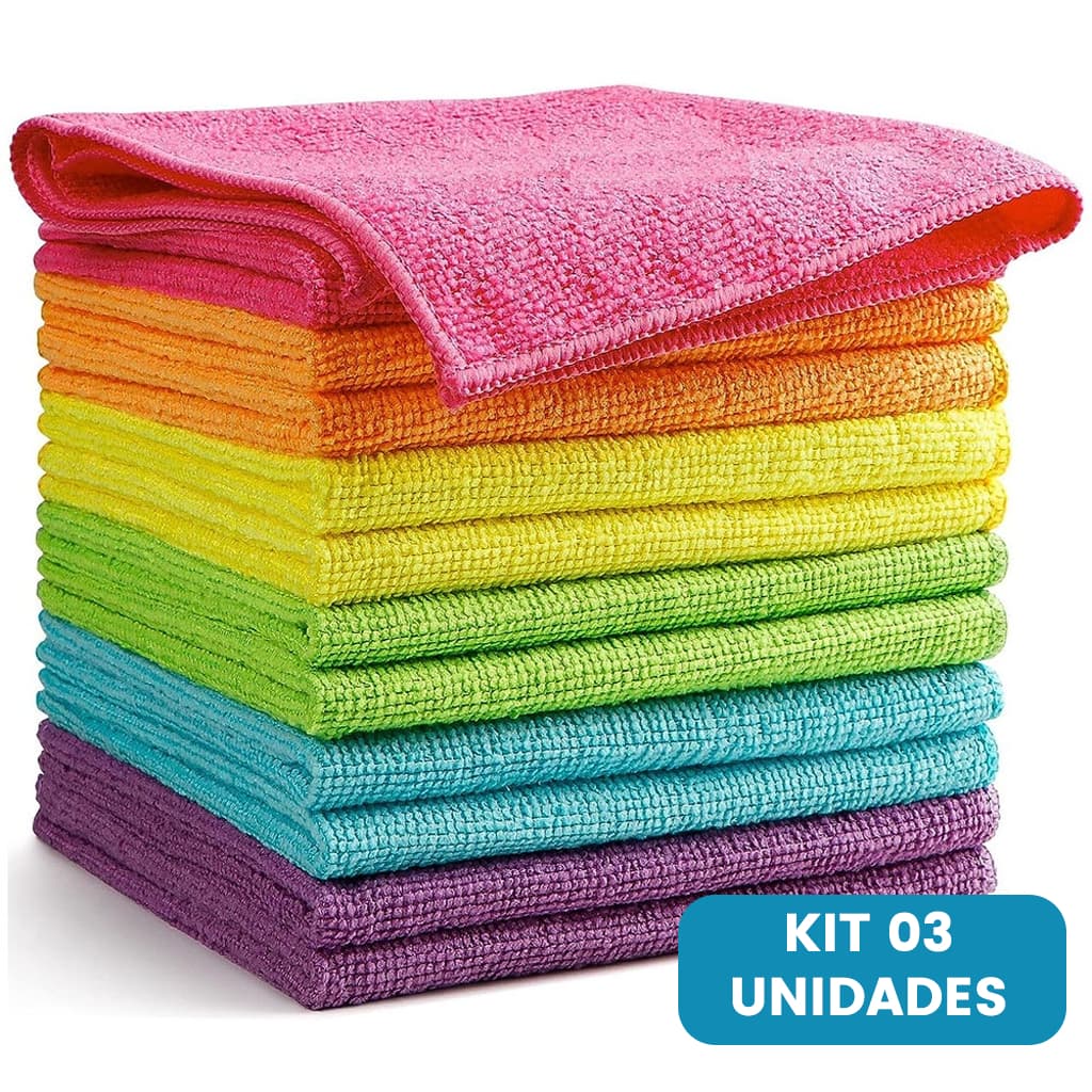 1 Kit C/3 Panos Microfibra 30x30cm 260gsm Cores Sortidas