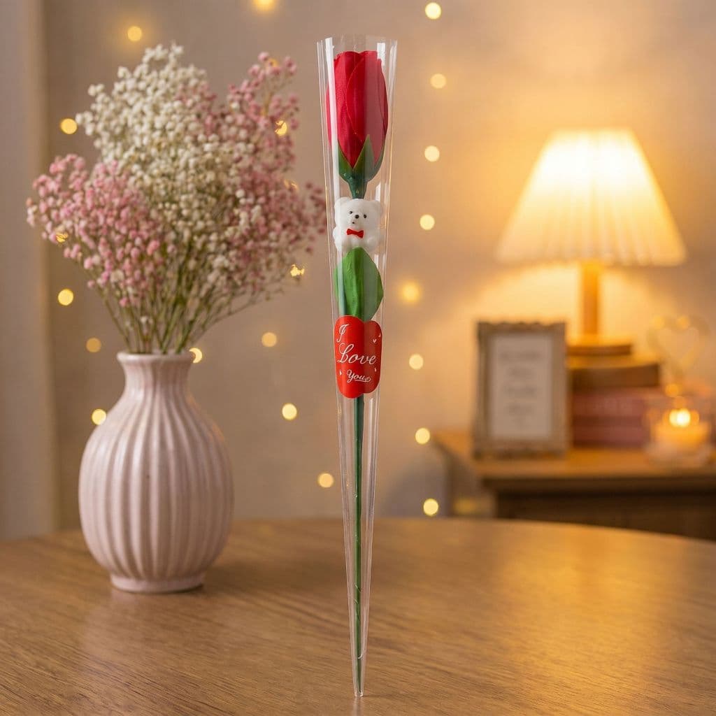 Rosa Dia Das Maes Artificial Vermelha Com Urso Pelucia Caixa Presente Decoracao Não Estraga