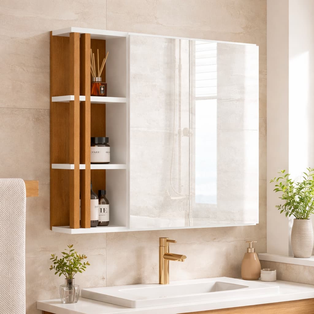 Armário Banheiro Suspenso Nix com Espelho e Nichos Laterais – 60cm Branco, Preto e OffWhite
