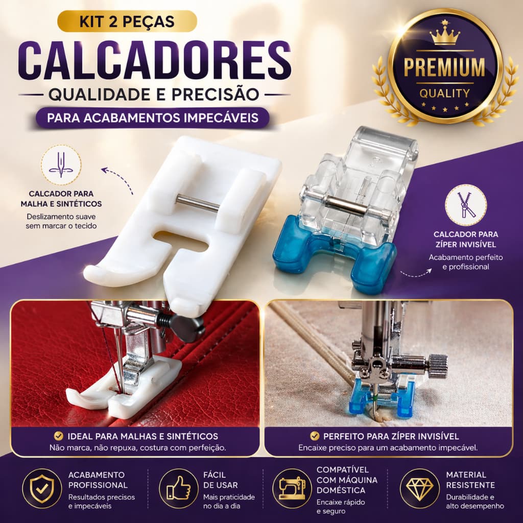 Kit 2 Pçs Calcador Teflon Antiaderente para Malha e Sintéticos  + Pé Calcador Exclusivo para Pregar Botões Perfeitos