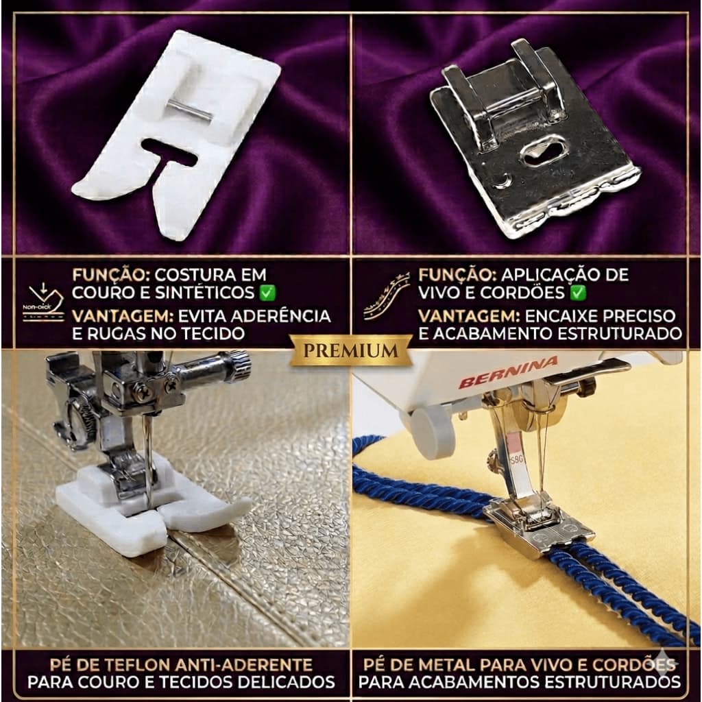 Kit 2 Calcadores Sapata Teflon para Couro/malha/plástico e outros Sintéticos + Calcador de Metal para Vivo e Cordões