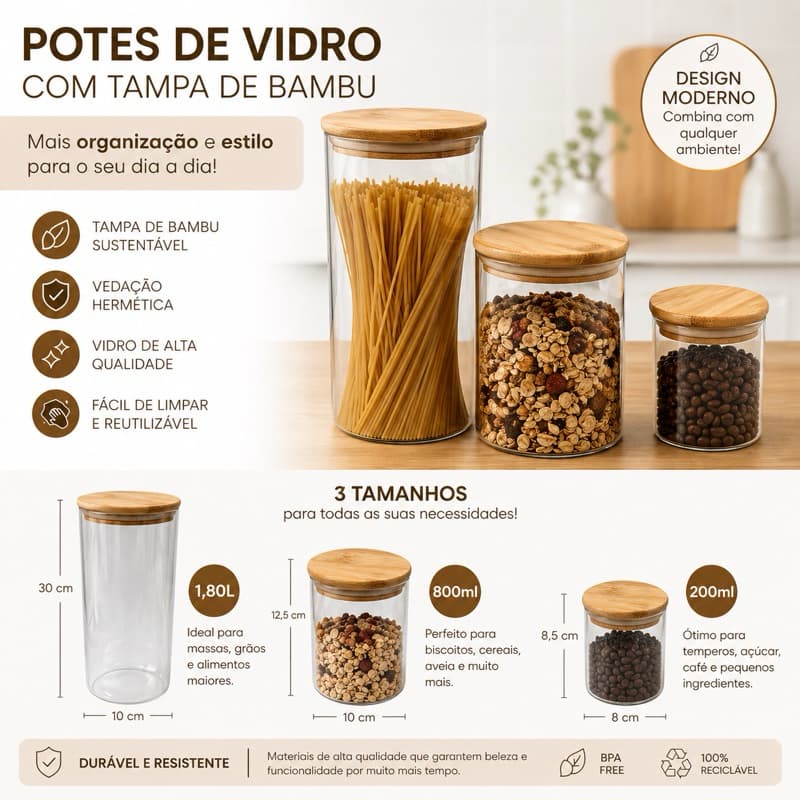 Pote Hermético para tempero em Vidro Borossilicato Tampa Bambu 200ml Conservação Frescor Armazenamento