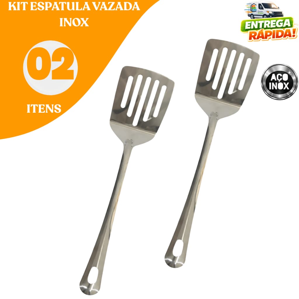Kit 2 Espátulas Vazadas Inox Profissional Utensílios de Cozinha Resistente Antiaderente Churrasco