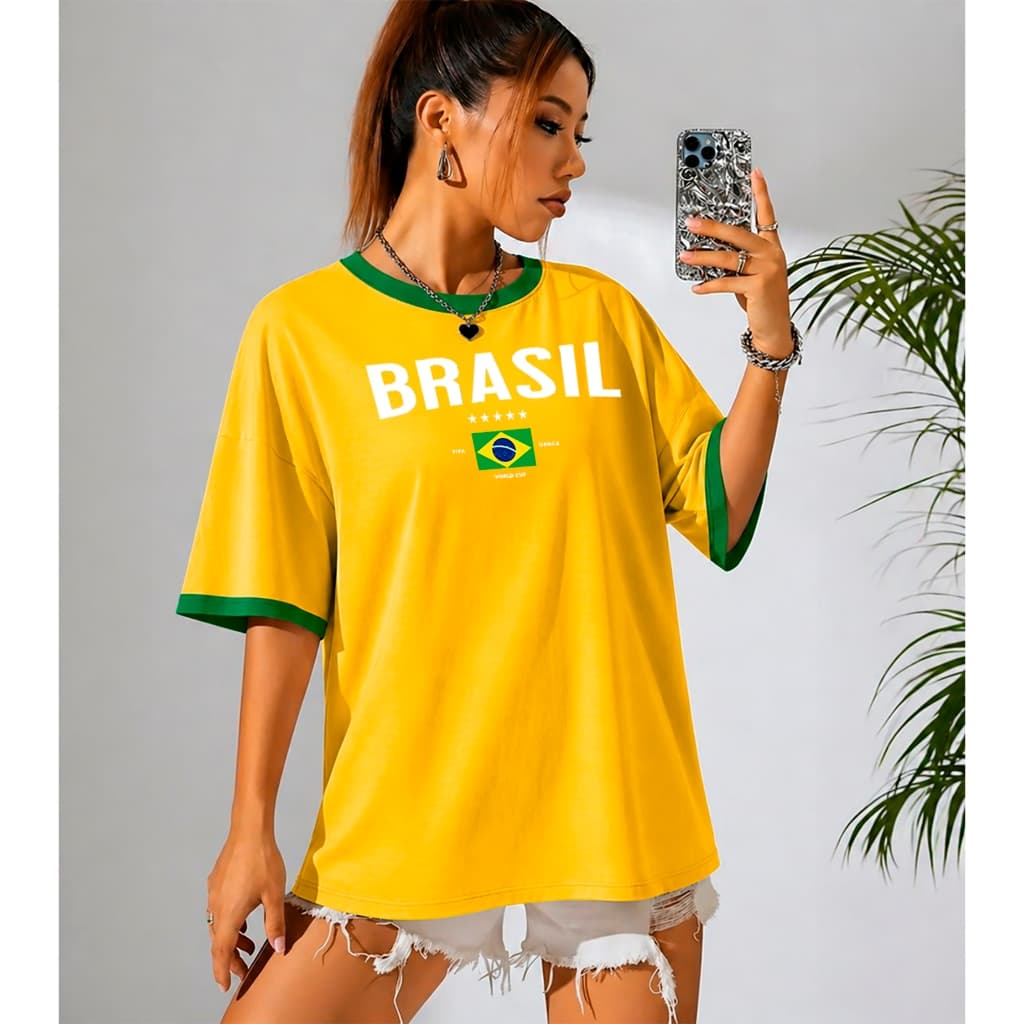 Camiseta Feminina Brasil Amarela Varias Cores Estilo Seleção Brasileira 100% Algodão Premium