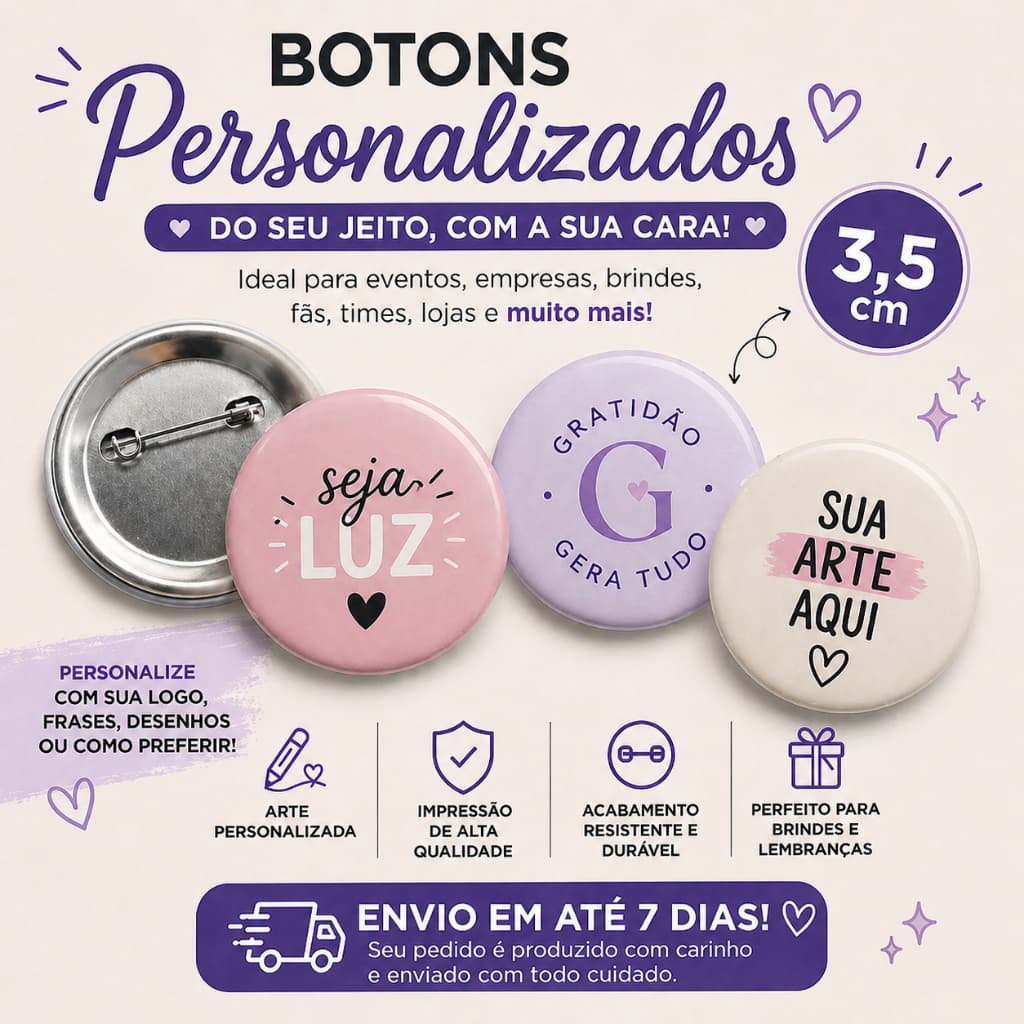 Kit 50 Broches Personalizados 3,5cm Bottons Botons Botão Broche