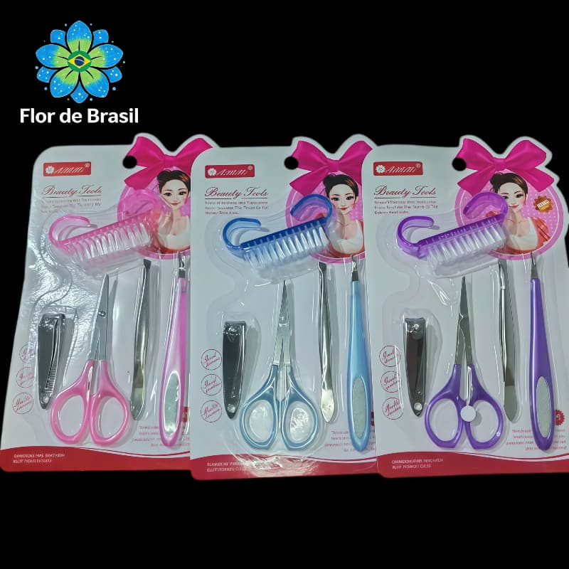 Kit Manicure 5 Peças - Tesoura + Alicate + Lixa + Pinça + Escova - Cores Sortidas Kit Manicure Básico 5 em 1\CA-001