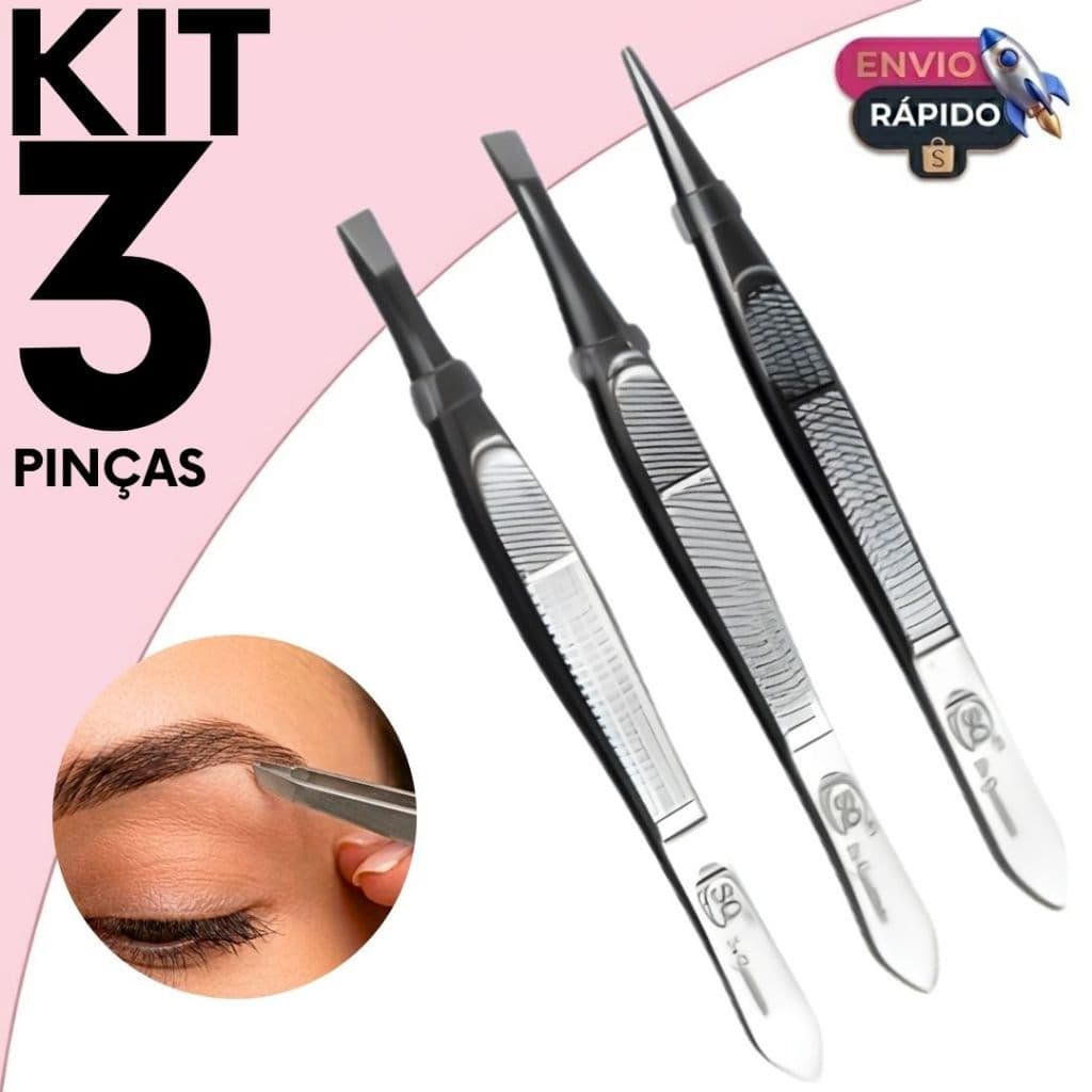 Kit Pinça Sobrancelha 3 Peças Reta Inclinada Fina Aço Inox Profissional Design de Sobrancelhas