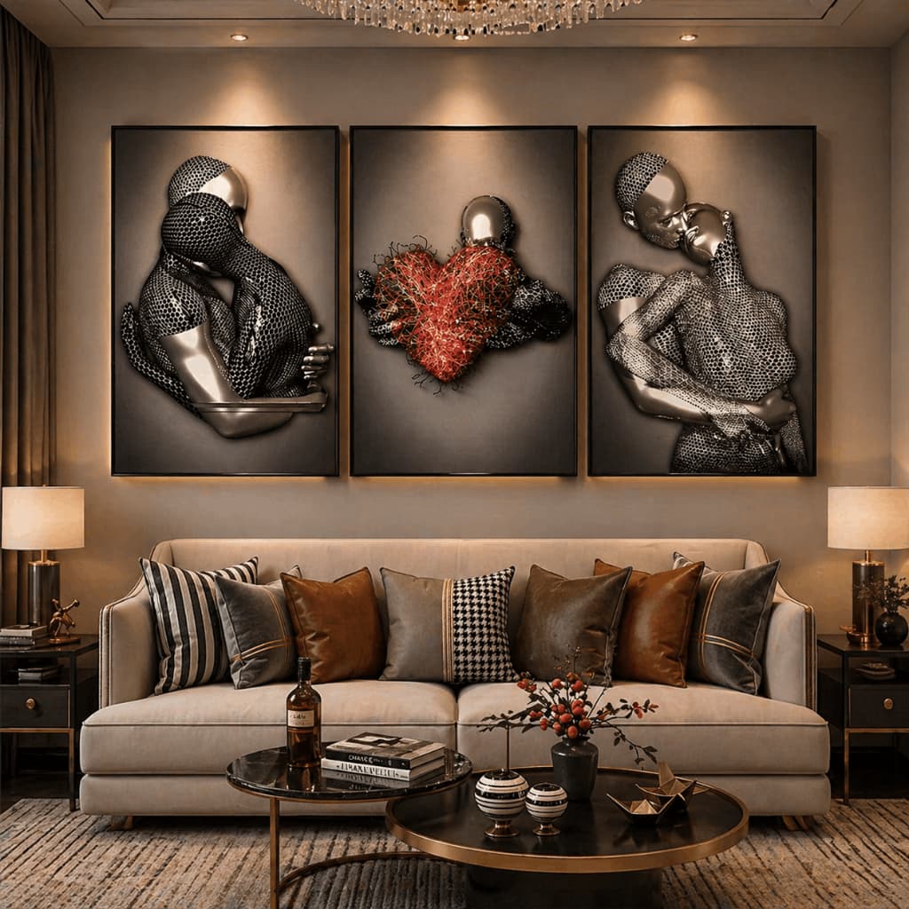 Kit 3 Quadros Decorativos Casal Amor Coração 3D Sala Quarto MDF Luxo Moderno
