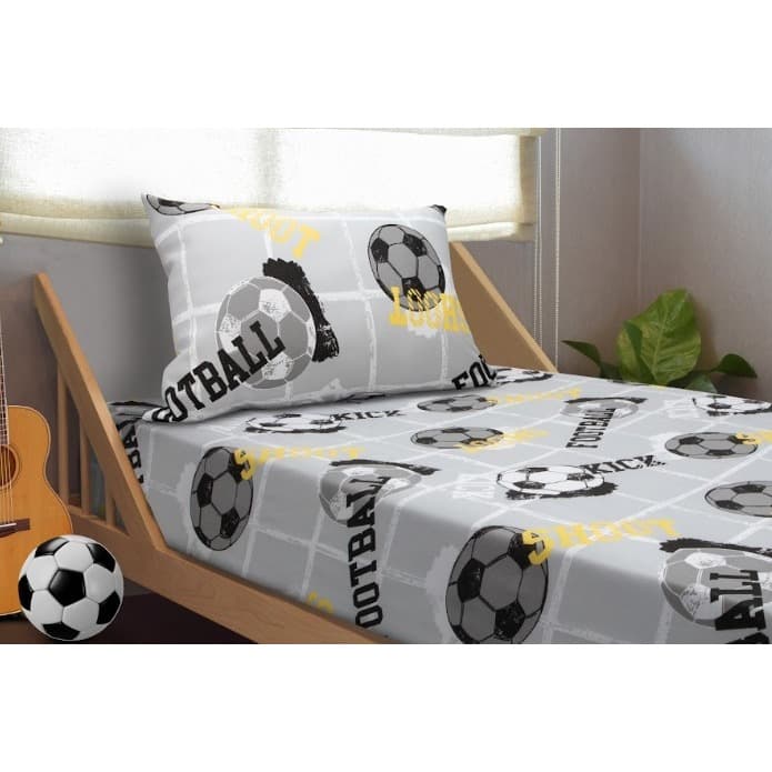Jogo De Cama Solteiro Infantil Com Elástico 2 Peças Estampa Futebol Cinza