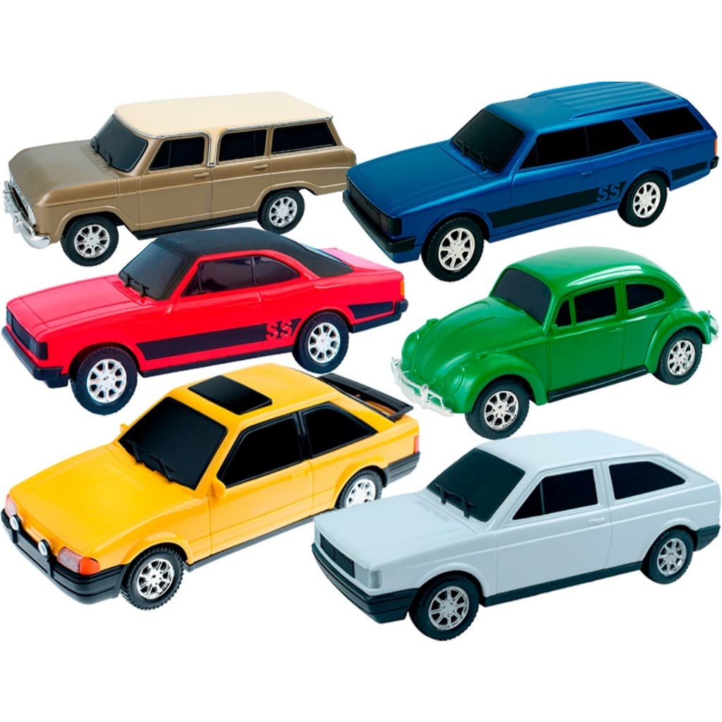 KIT COM 6 CARROS DE BRINQUEDO OPALA CARAVAN FUSCA GOL QUADRADO VERANEIO ESCORTE XR FORD COLORIDO