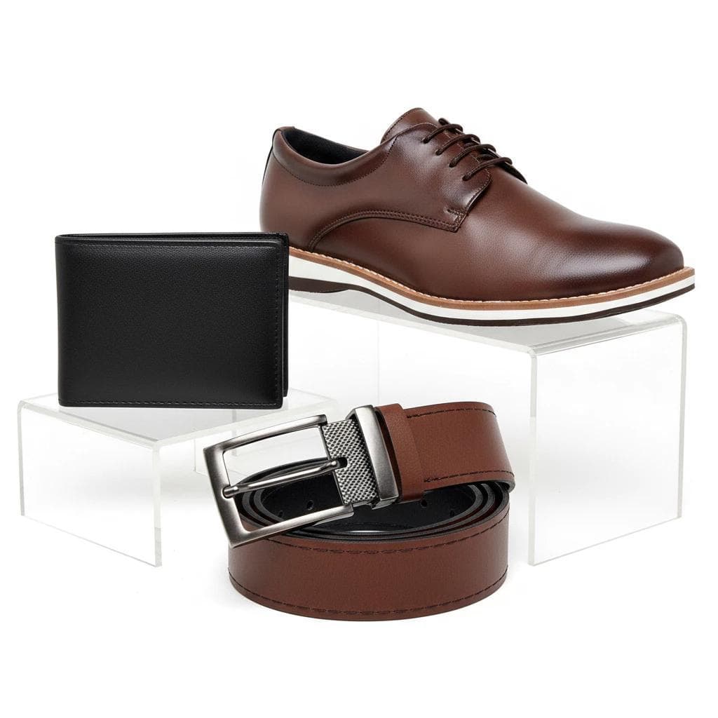 Kit Sapato Casual Masculino Oxford Elegante Cinto Carteira Preto Marrom Sapatenis Couro Mocassim Noivo Festa Dia a Dia