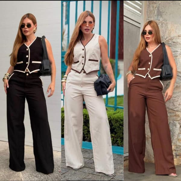 Conjunto Feminino Bicolor Tendencia Elegante e Estiloso Calça Pantalona e Colete Com Botões