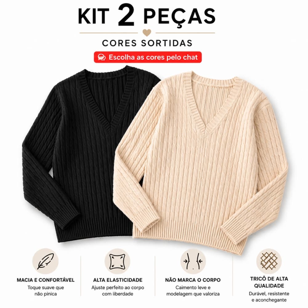 Kit 2 Blusas Tricô Feminina Gola V Canelada Fio Trançado Manga Longa Inverno Básica Confortável