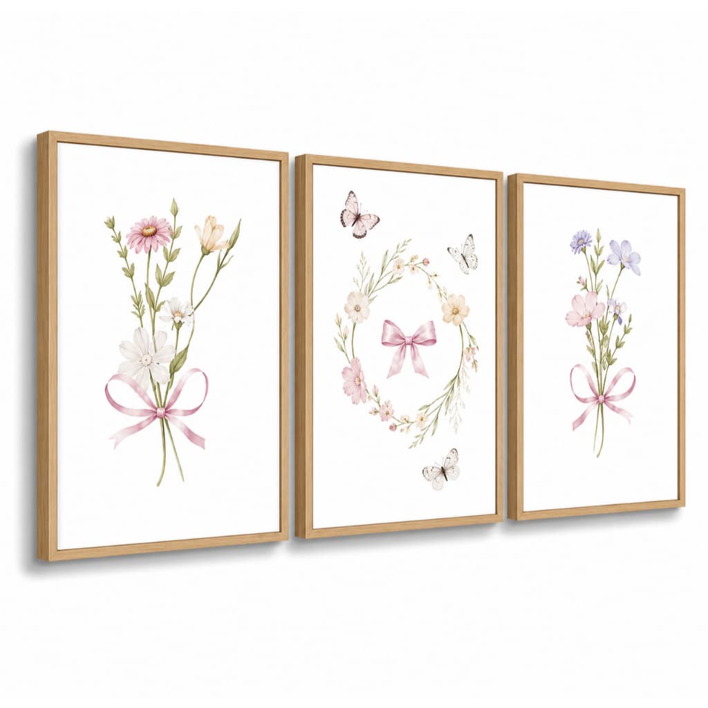 Kit 3 Quadros Decorativos Infantil | Flores, Jardim, Delicado, Floral | Quarto Menina - No301