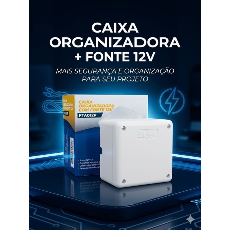 Caixa Organizadora com Fonte 12V Líder FTA012P | Bivolt | Proteção para Fios | Ideal para Interfone e CFTV