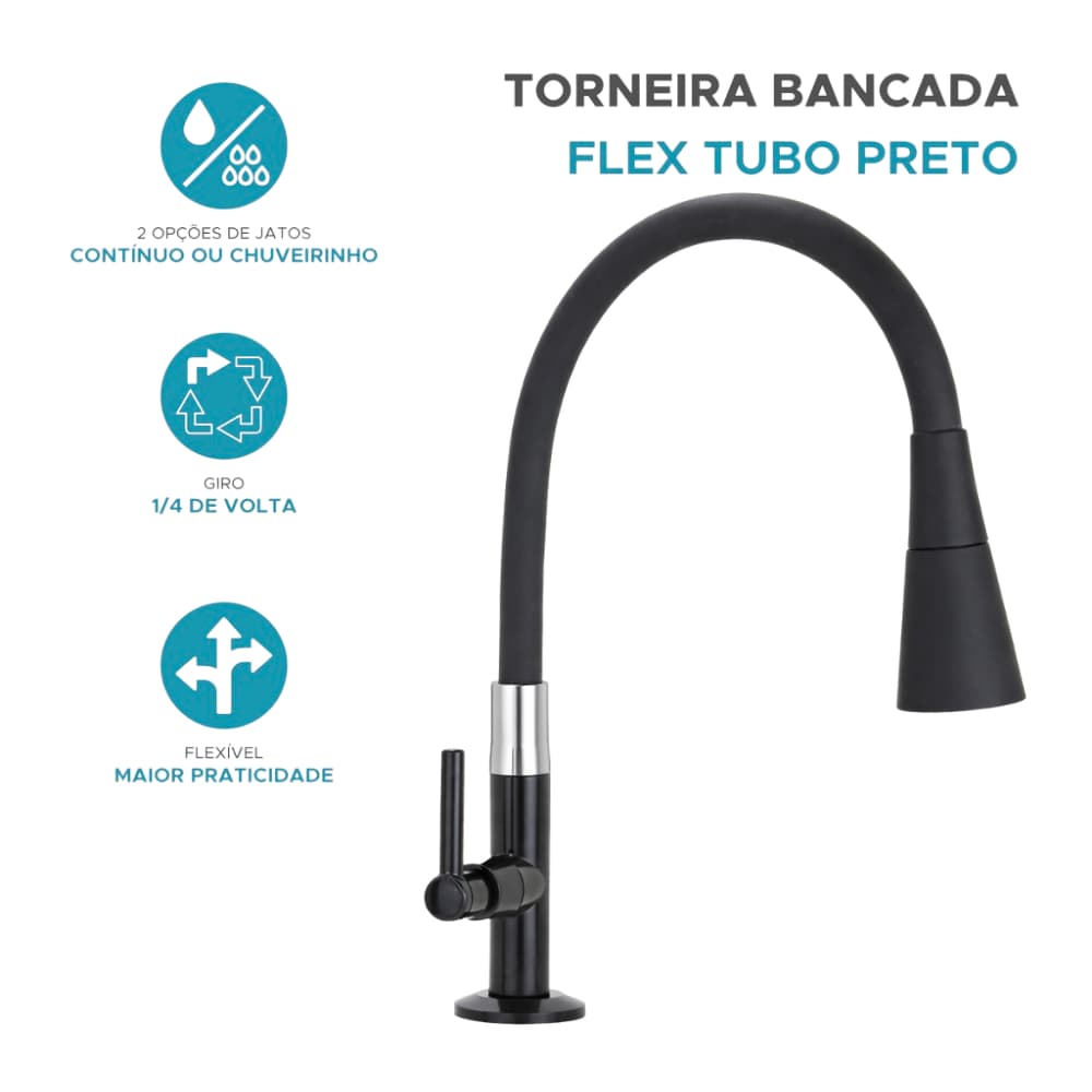 Torneira Cozinha Bancada Flexível Preto Fosco Arejador Alta Durabilidade Design Premium