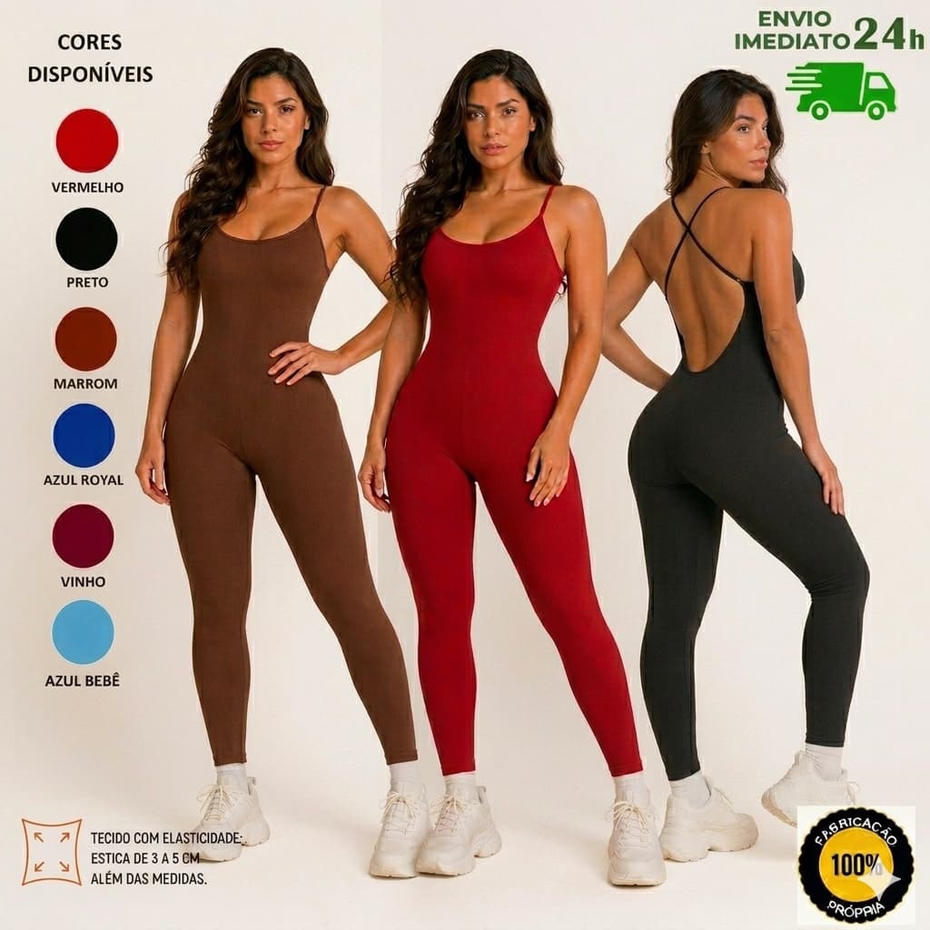 Macacão feminino fitness Academia Costa X Longo canelado premium