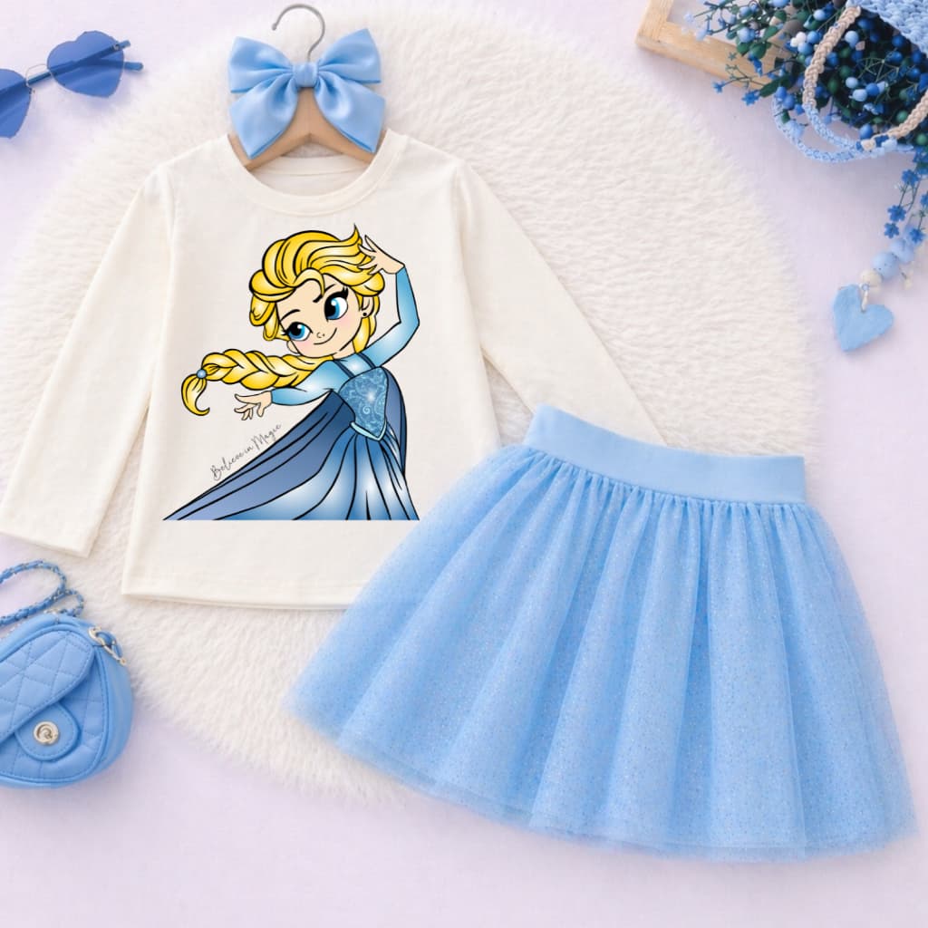 Conjunto Infantil Menina  Princesa Frozen 1 a 10 Anos Outono Inverno  Blusa Manga Longa Saia Tule Azul Moda Infantil
