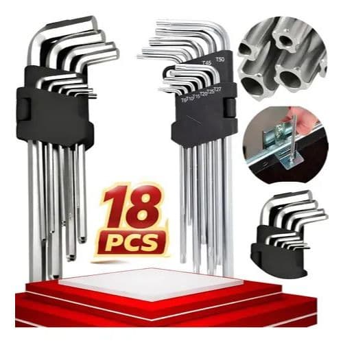 Kit Jogo de Chave Torx + Jogo Allen Curta com 18 Peças Torque e Allen T10 até T50
