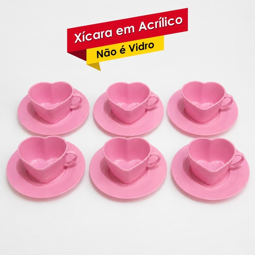 Canto do Café - 6 Xicaras Coração Rosa bebê em PLÁSTICO ACRILICO + 6 Pires - presentes decoração mãe