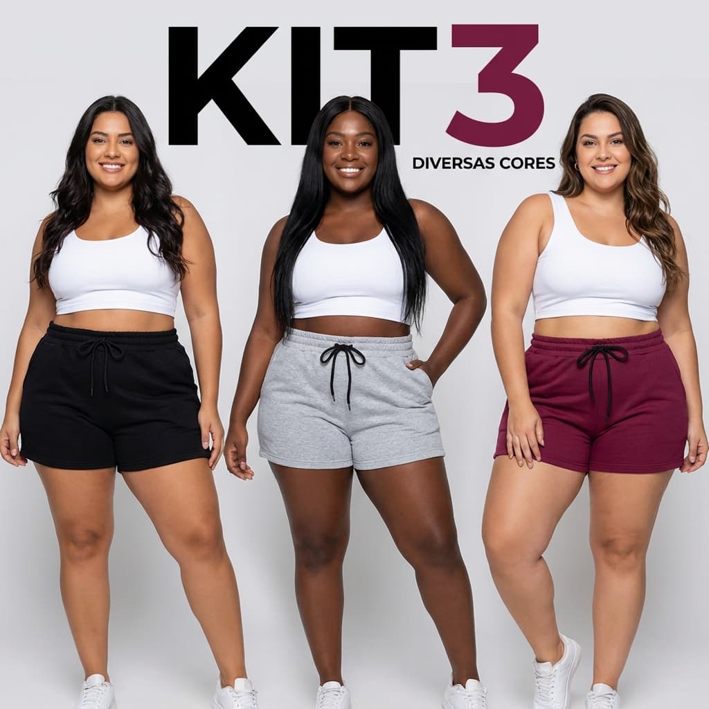 Kit com 3 Shorts Feminino Plus Size Moletom G Ao G3 Moletinho Tecido Leve