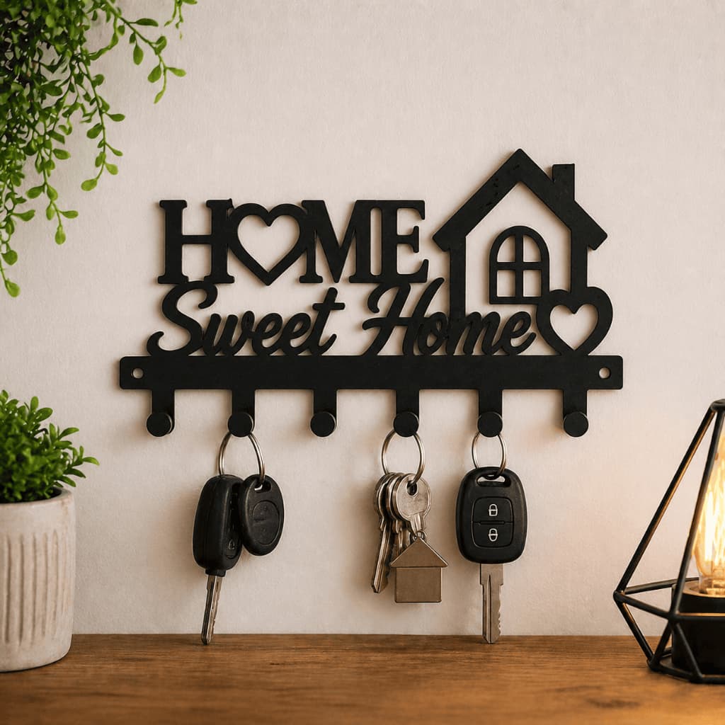 Porta Chaves Home Sweet Home Parede Com 6 Ganchos Lar Doce