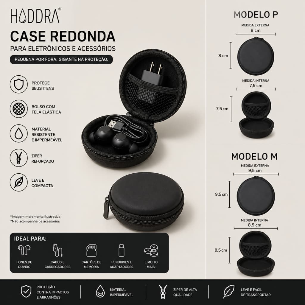 Estojo Organizador Case De Couro Sintético Rígido Portátil para Cabos, Carregador, Fone e Acessórios