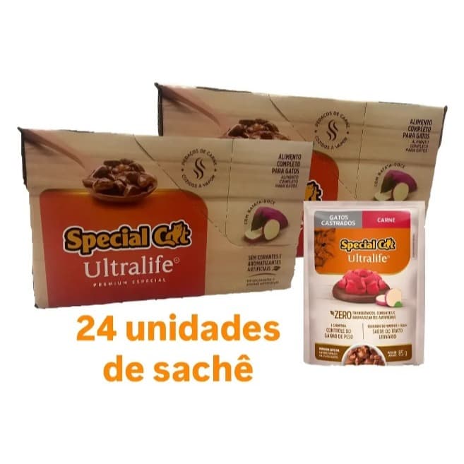 Kit Sachês Special Cat Castrado Carne 85g 2 Caixas C/12 Unidades Cada