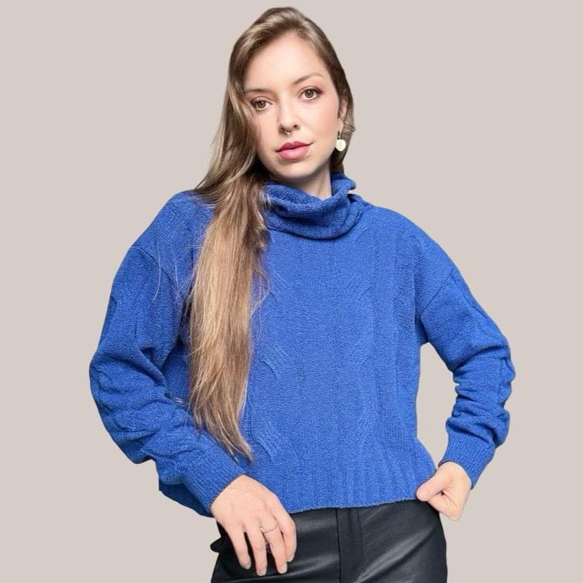 Blusa Feminina Cropedd Tricot Mousse Acrilico Gola Alta Oversize Moderno