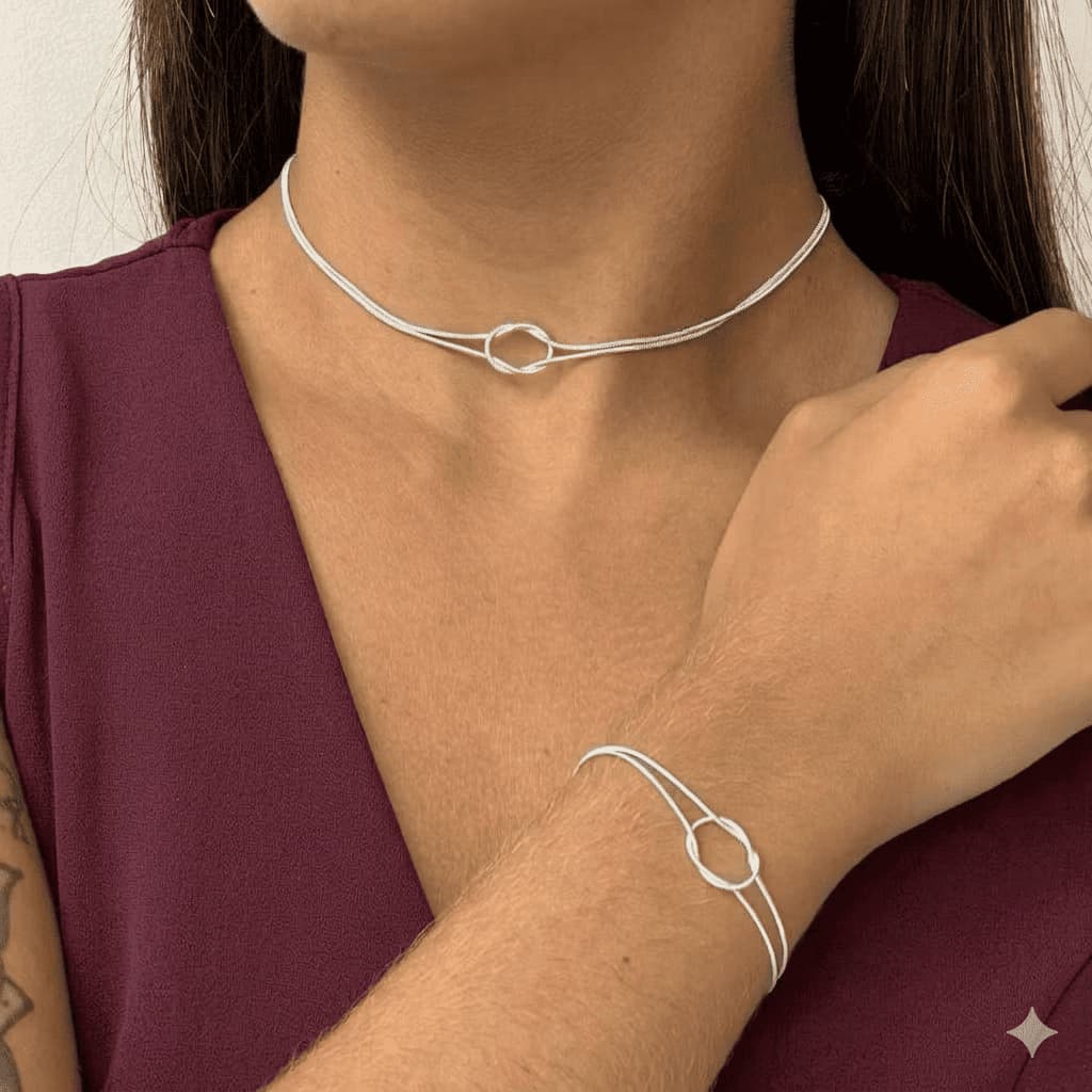 Kit Colar e Pulseira Duplo Nó Folheado Prata925 e Ouro18k