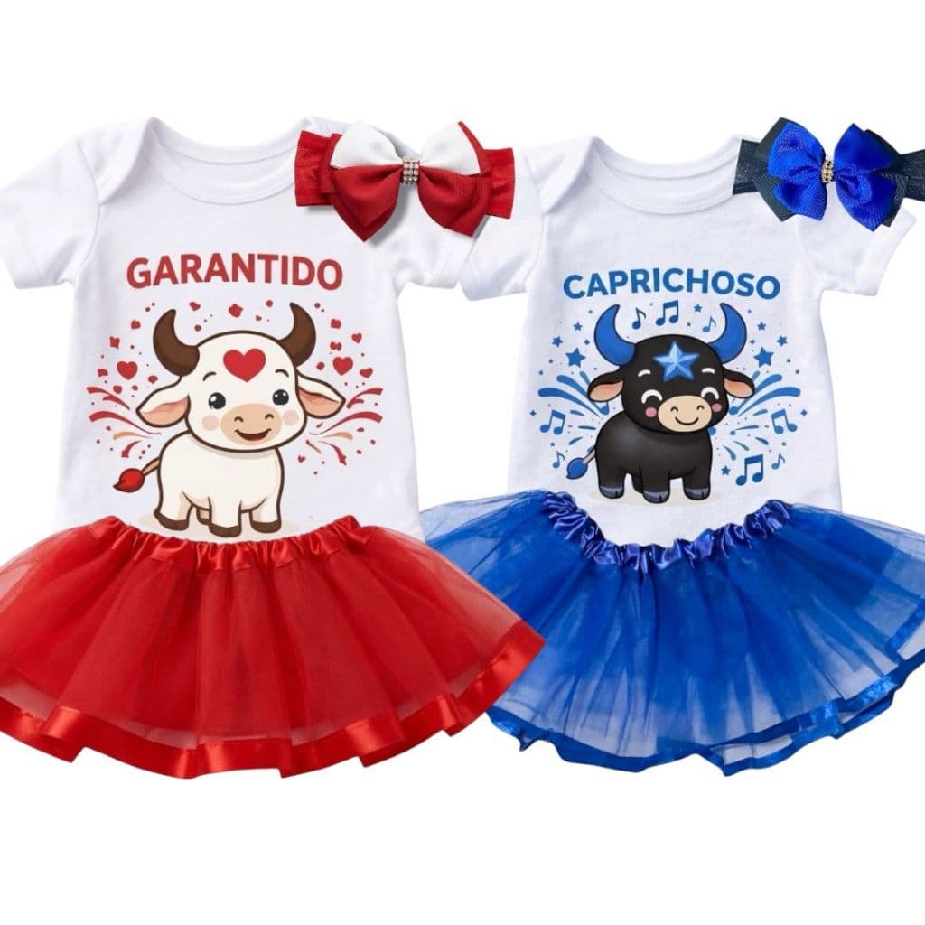 Kit Body Bebê + Faixa Laço e Saia Tule Boi Caprichoso e Garantido Festival de Parintins Menina Mesversário