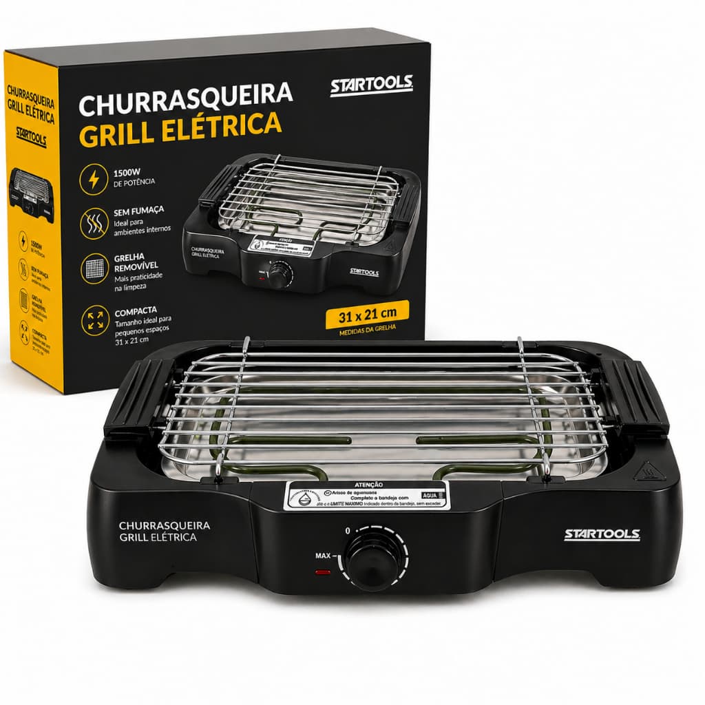 Churrasqueira Elétrica Grill 1500W Grelha Removível Antiaderente Sala Varanda 127v Preta