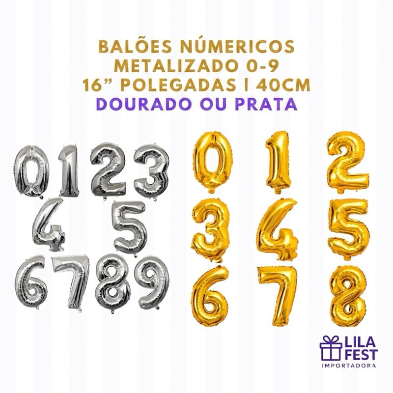 Balão Número Metalizado 0-9 - grupo de 2/3/6 - 16” polegadas 40cm Dourado Prata Idade Festa Aniversário Decoração