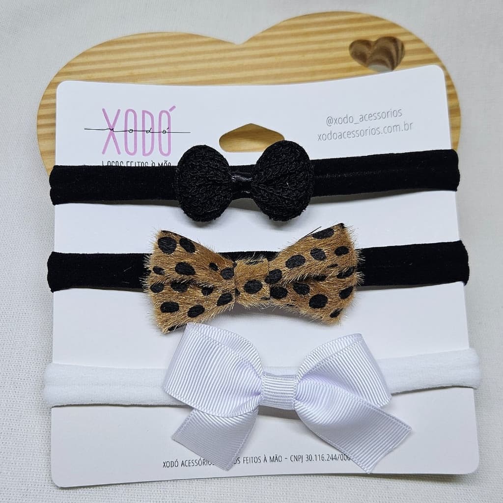 Kit 3 Faixas Bebê tiaras de meia de seda Onça Preto Branco com Laço Gorgurão Macio Confortável Ajustável Infantil