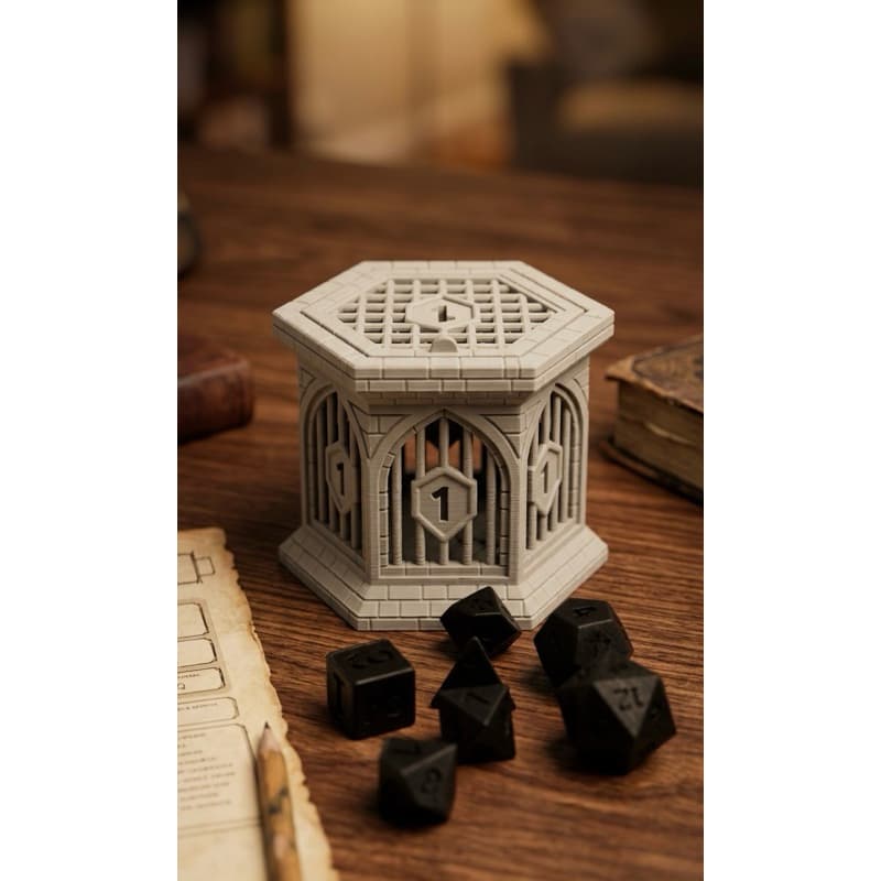 Prisão de Dados Hexagonal para RPG formato Jaula + Conjunto de 7 dados brinde